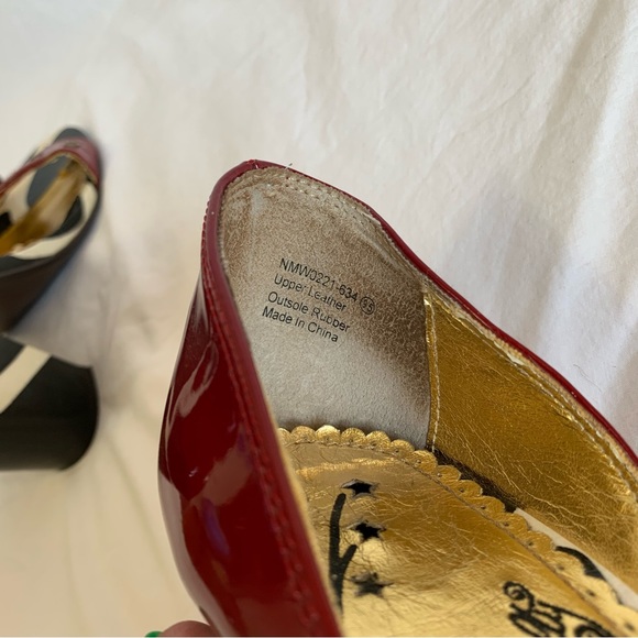 Naughty Monkey red patent and cow print asymmetric heels open toes buckle strap - Picture 8 of 16